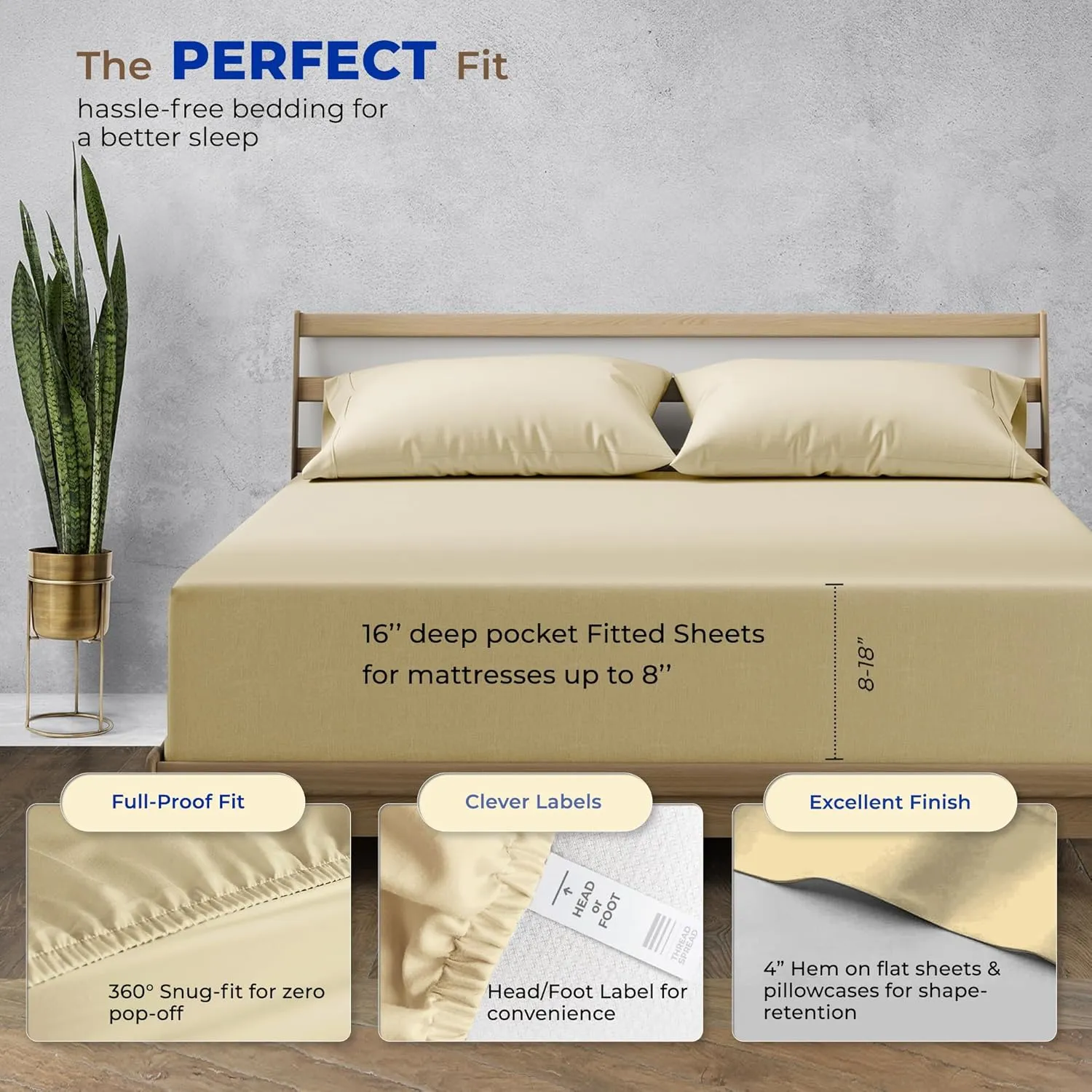 THREAD SPREAD 100% Pure Egyptian Cotton Split King Sheets Sets for Adjustable Bed - 1000 Thread Count 5 PC Top Split King Sheet for Sleep Number Bed, Soft Cooling Sheets, Fits Mattress upto 18" - Sand
