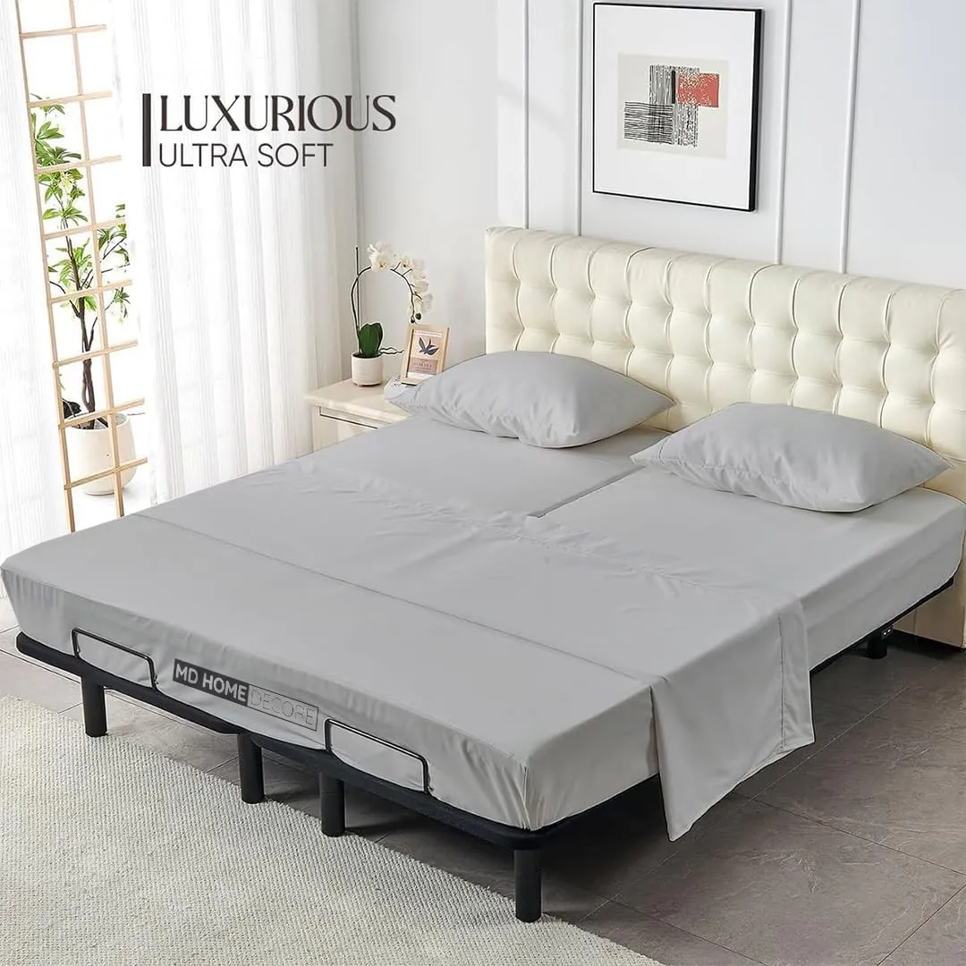 Top Split King Sheets Sets for Adjustable Bed- Sleep Number Sheets Top Split King- Split Head Flex King Sheets Sets- Split King 34 Inches Down from the Top- 16 Inch Deep Pocket (Light Grey Solid)
