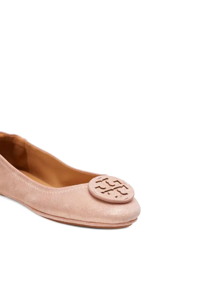 Tory Burch Minnie Travel Ballet With Logo Suedine Metalic Sea Shell Pink