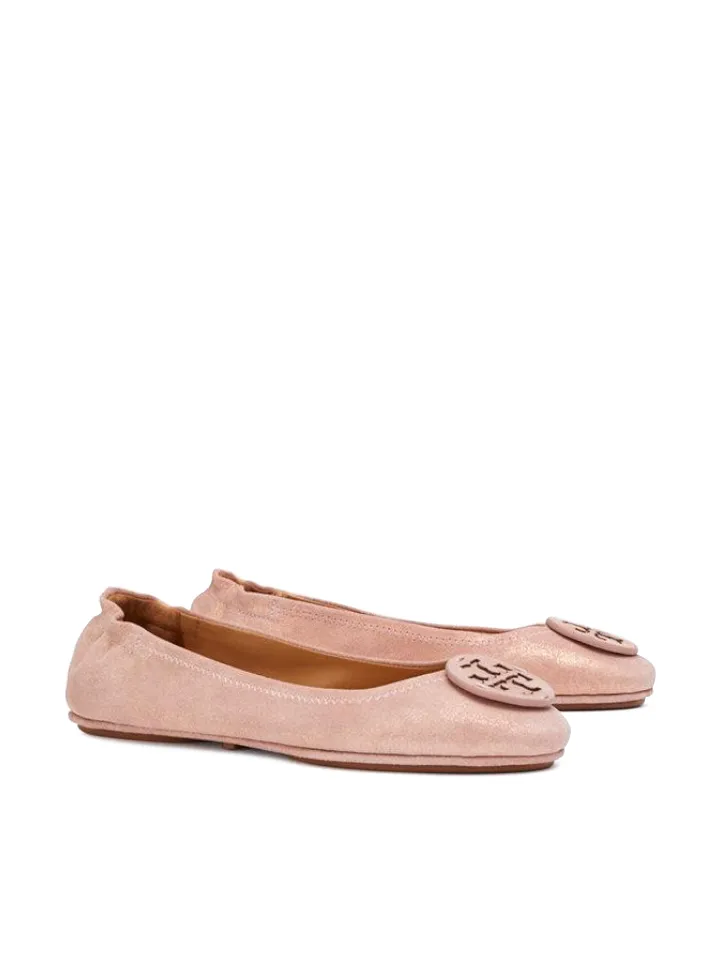 Tory Burch Minnie Travel Ballet With Logo Suedine Metalic Sea Shell Pink