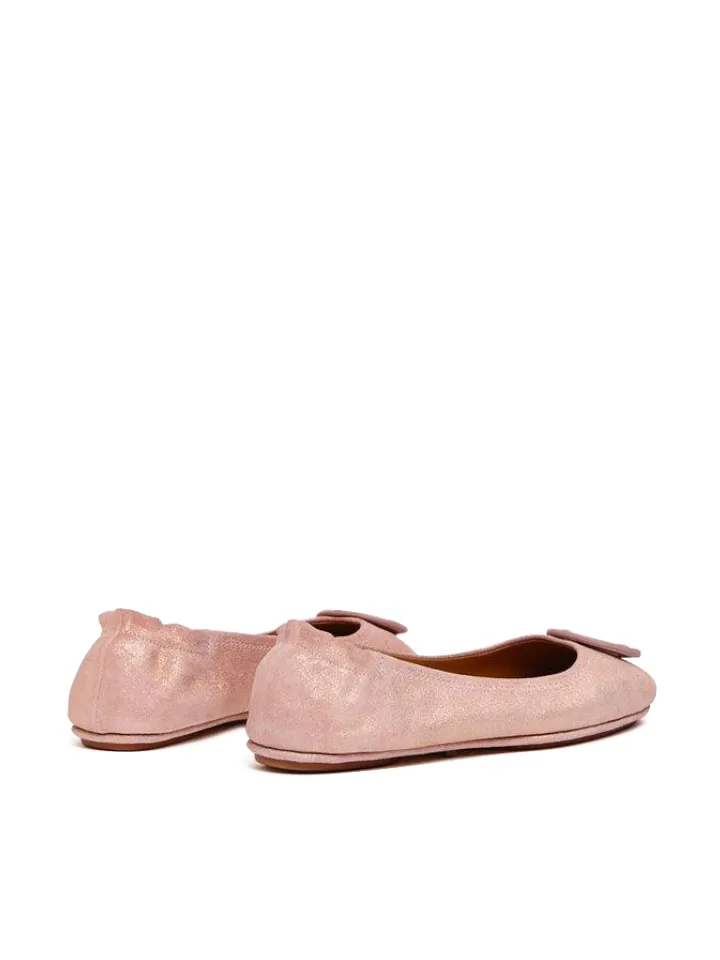 Tory Burch Minnie Travel Ballet With Logo Suedine Metalic Sea Shell Pink