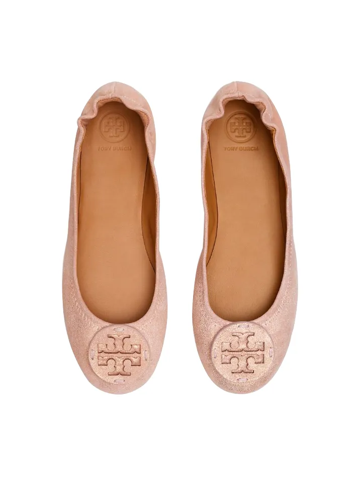Tory Burch Minnie Travel Ballet With Logo Suedine Metalic Sea Shell Pink