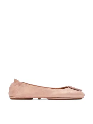 Tory Burch Minnie Travel Ballet With Logo Suedine Metalic Sea Shell Pink