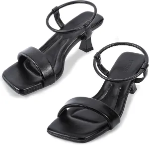 Trakxy Women Square Toe Sandal Comfortable Open Toe Kitten Heel Ankle Strappy Sandal for Dress Daily Party Wedding (Black)