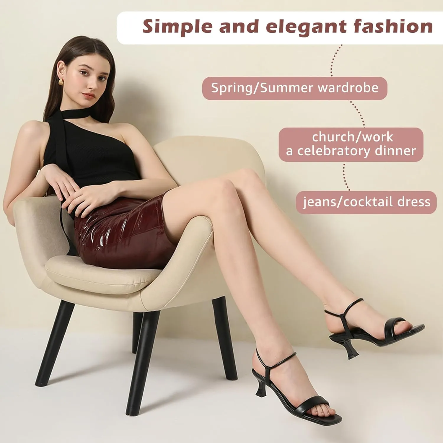 Trakxy Women Square Toe Sandal Comfortable Open Toe Kitten Heel Ankle Strappy Sandal for Dress Daily Party Wedding (Black)