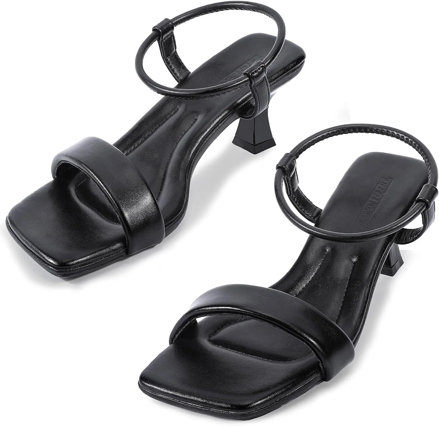 Trakxy Women Square Toe Sandal Comfortable Open Toe Kitten Heel Ankle Strappy Sandal for Dress Daily Party Wedding (Black)