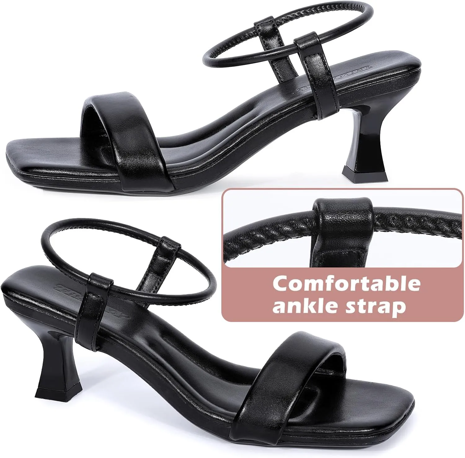 Trakxy Women Square Toe Sandal Comfortable Open Toe Kitten Heel Ankle Strappy Sandal for Dress Daily Party Wedding (Black)