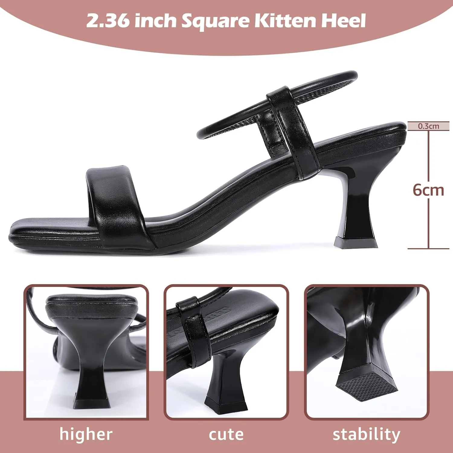 Trakxy Women Square Toe Sandal Comfortable Open Toe Kitten Heel Ankle Strappy Sandal for Dress Daily Party Wedding (Black)