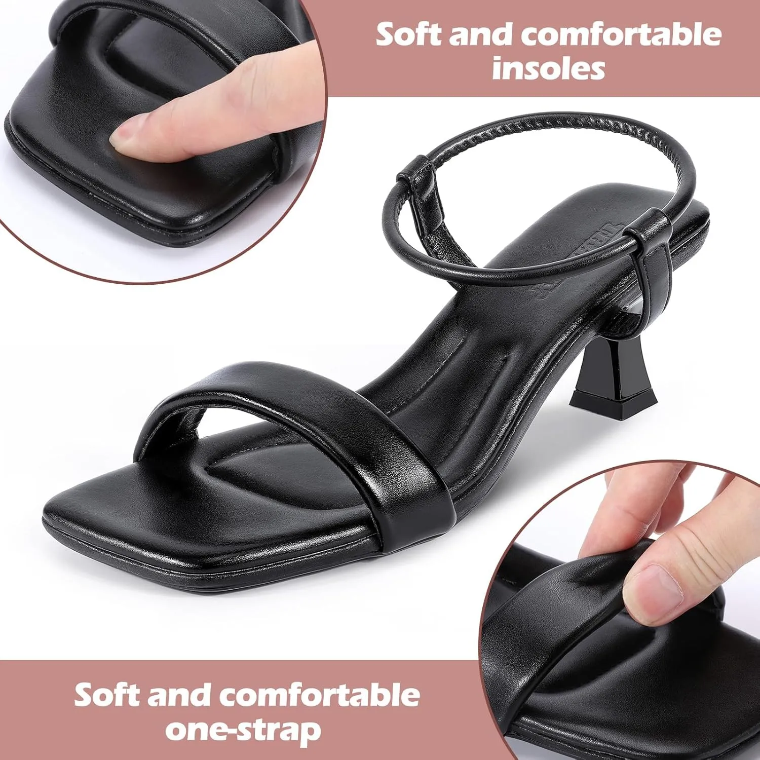 Trakxy Women Square Toe Sandal Comfortable Open Toe Kitten Heel Ankle Strappy Sandal for Dress Daily Party Wedding (Black)