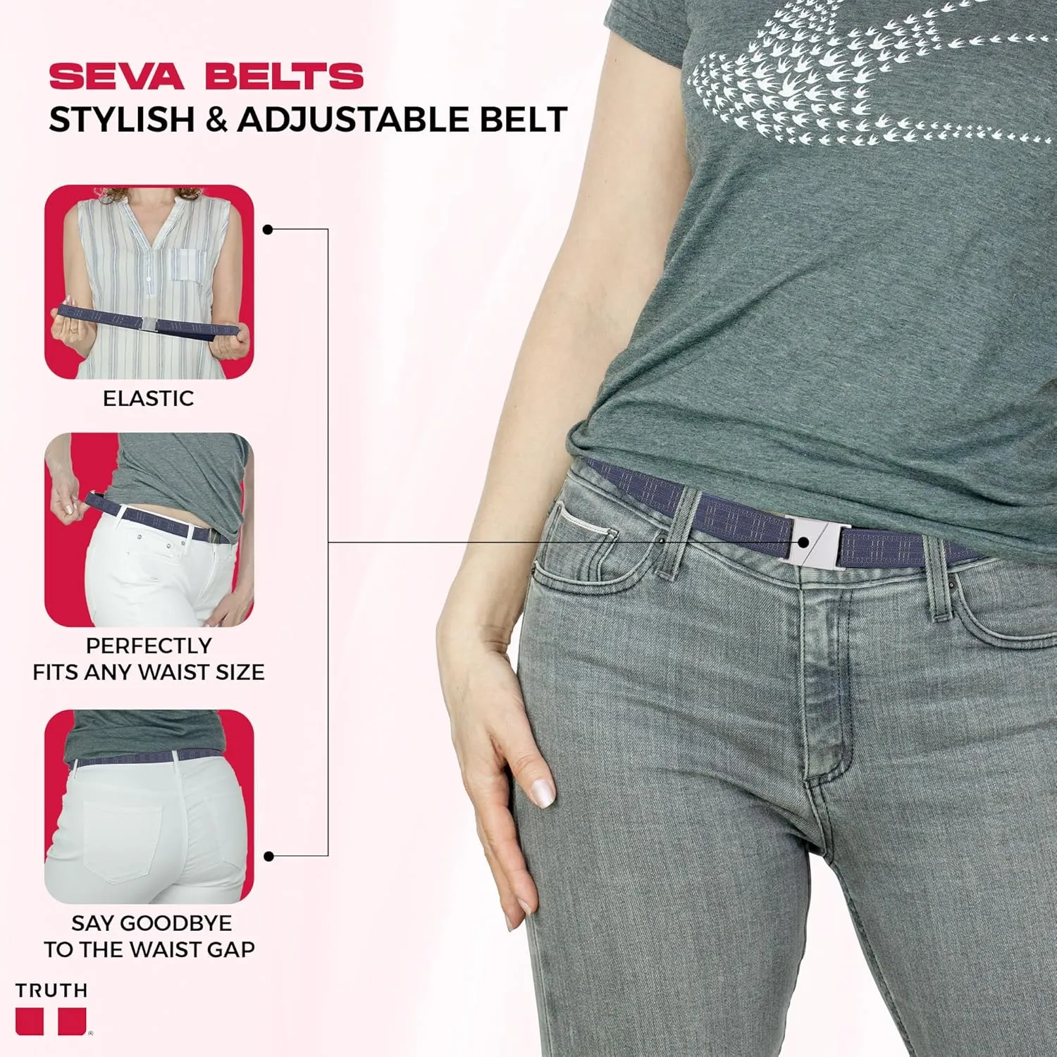Truth Elastic Belts for Women & Men, No Show Flat Buckle KARMA Belts, Invisible Stretch Belts for Jeans, Pants and Plus Sizes