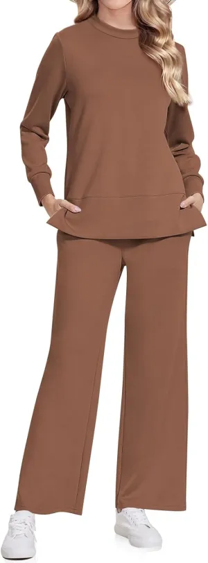 UEU Women's 2 Piece Outfits Lounge Sets Fall Long Sleeve Sweatsuits Wide Leg Pants Travel Casual Matching Tracksuit Clothes