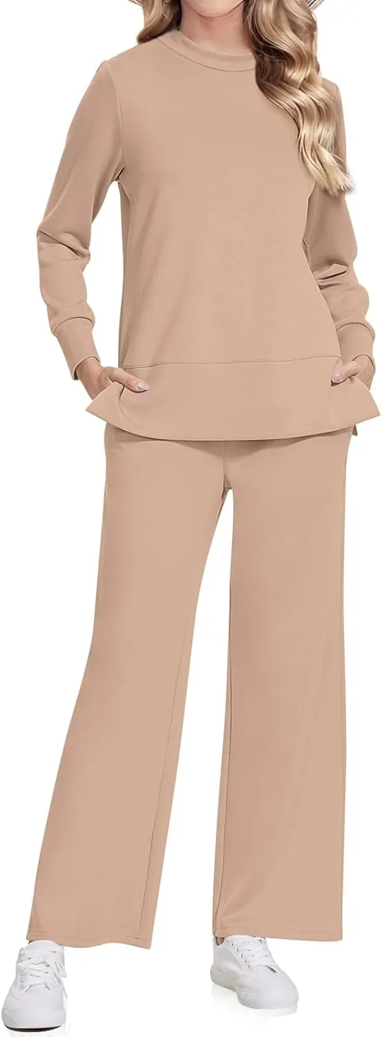 UEU Women's 2 Piece Outfits Lounge Sets Fall Long Sleeve Sweatsuits Wide Leg Pants Travel Casual Matching Tracksuit Clothes