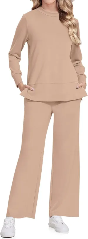 UEU Women's 2 Piece Outfits Lounge Sets Fall Long Sleeve Sweatsuits Wide Leg Pants Travel Casual Matching Tracksuit Clothes