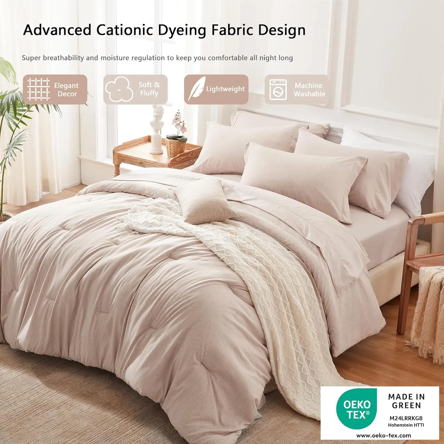 UNILIBRA Queen Comforter Set 7 Pieces Bed in a Bag - Taupe Queen Soft Bed Set for All Seasons - Cationic Dyeing Bedding Comforter Sets with Comforter, Flat Sheet, Fitted Sheet, Pillowcases & Shams