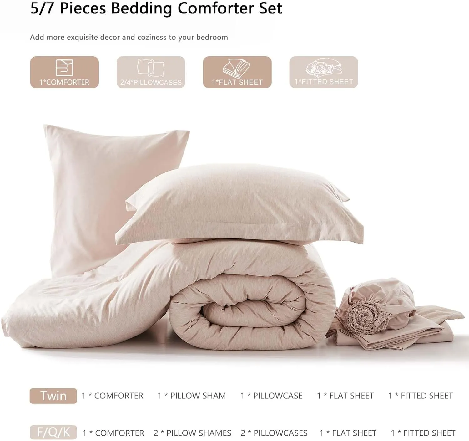 UNILIBRA Queen Comforter Set 7 Pieces Bed in a Bag - Taupe Queen Soft Bed Set for All Seasons - Cationic Dyeing Bedding Comforter Sets with Comforter, Flat Sheet, Fitted Sheet, Pillowcases & Shams