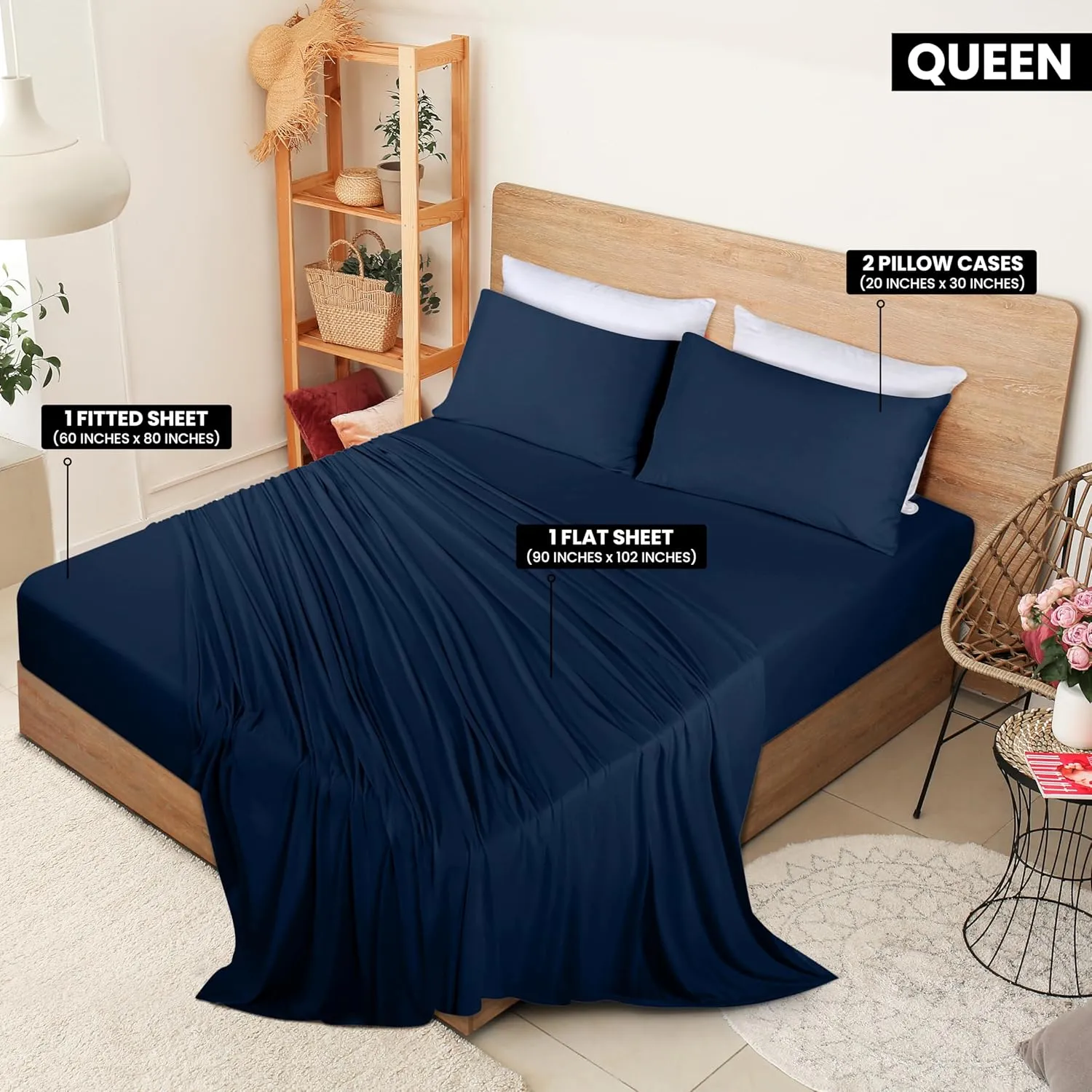 Utopia Bedding Queen Sheet Set - Jersey Knit Sheets 4 Piece – Cotton – Soft T-Shirt Stretchy Sheets (Queen, Navy)