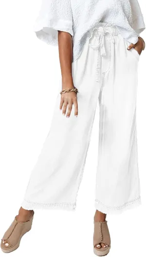 Valphsio Women's Baggy Wide Leg Jeans Tie Waist Chambray Culottes Tassel Pants Crop Length