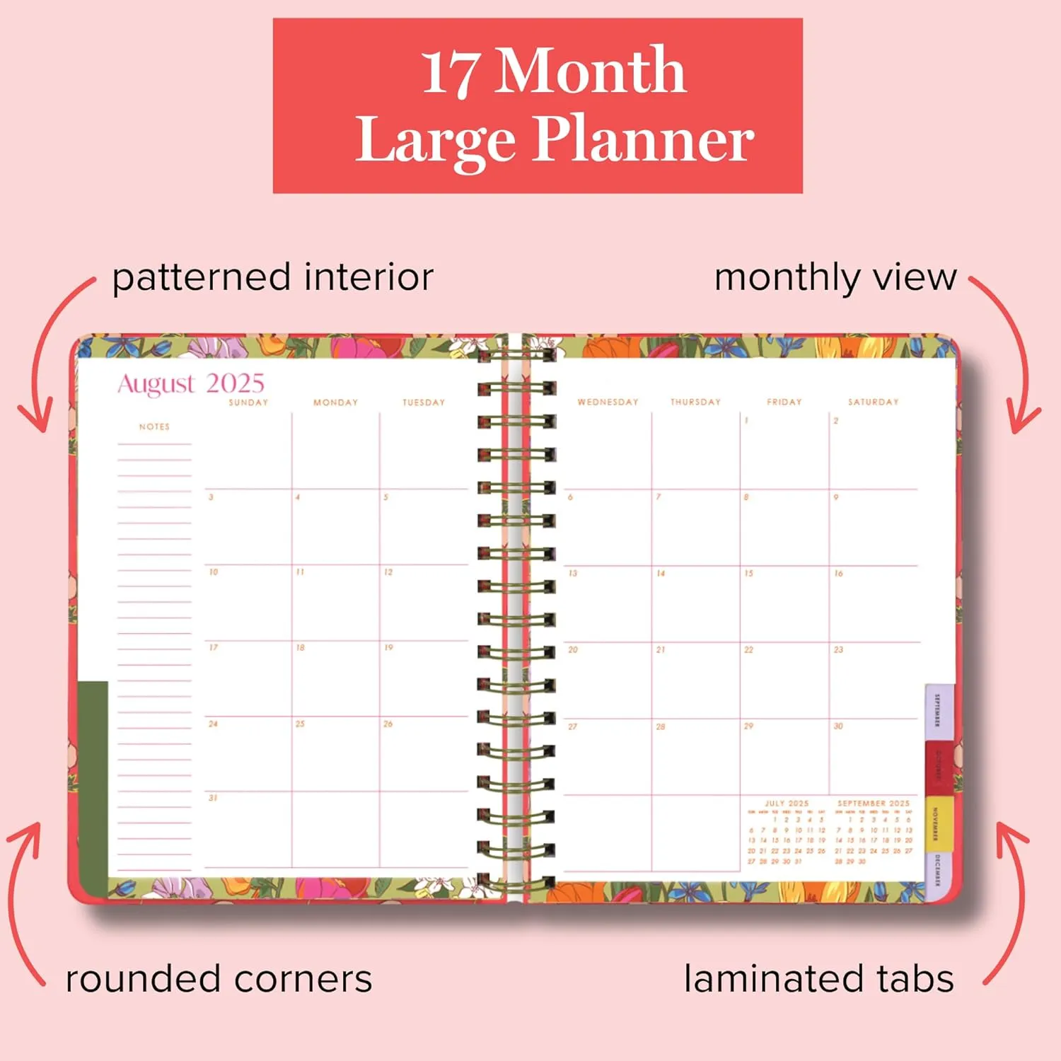 Vera Bradley 2025-2026 Large Planner Daily Weekly & Monthly, 17 Month Hardcover Agenda Dated Aug 2025-Dec 2026, Cute Planner with Stickers, Pockets, & Spiral Binding (Tiny Poppies)