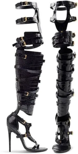 VERISSON Women's Open Toe Cutout Buckle Bands Stiletto Thigh High Sandal Boots Zip up High Heels Nubuck Summer Boots for Party