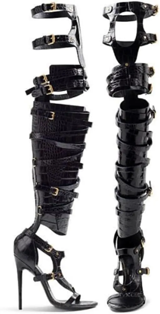 VERISSON Women's Open Toe Cutout Buckle Bands Stiletto Thigh High Sandal Boots Zip up High Heels Nubuck Summer Boots for Party