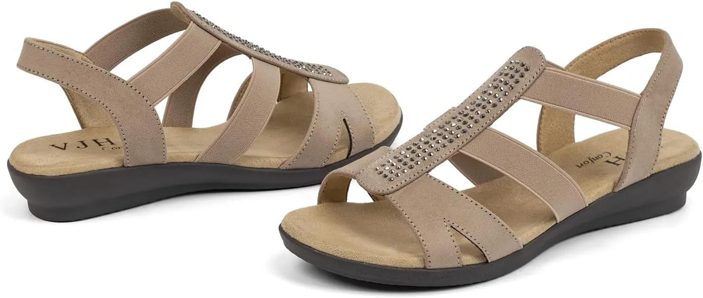 VJH confort Women's Comfort Flat Sandals Summer,with Rhinestone Open Toe Elastic Slip On Slingback Casual Walking Low Heele Sandals