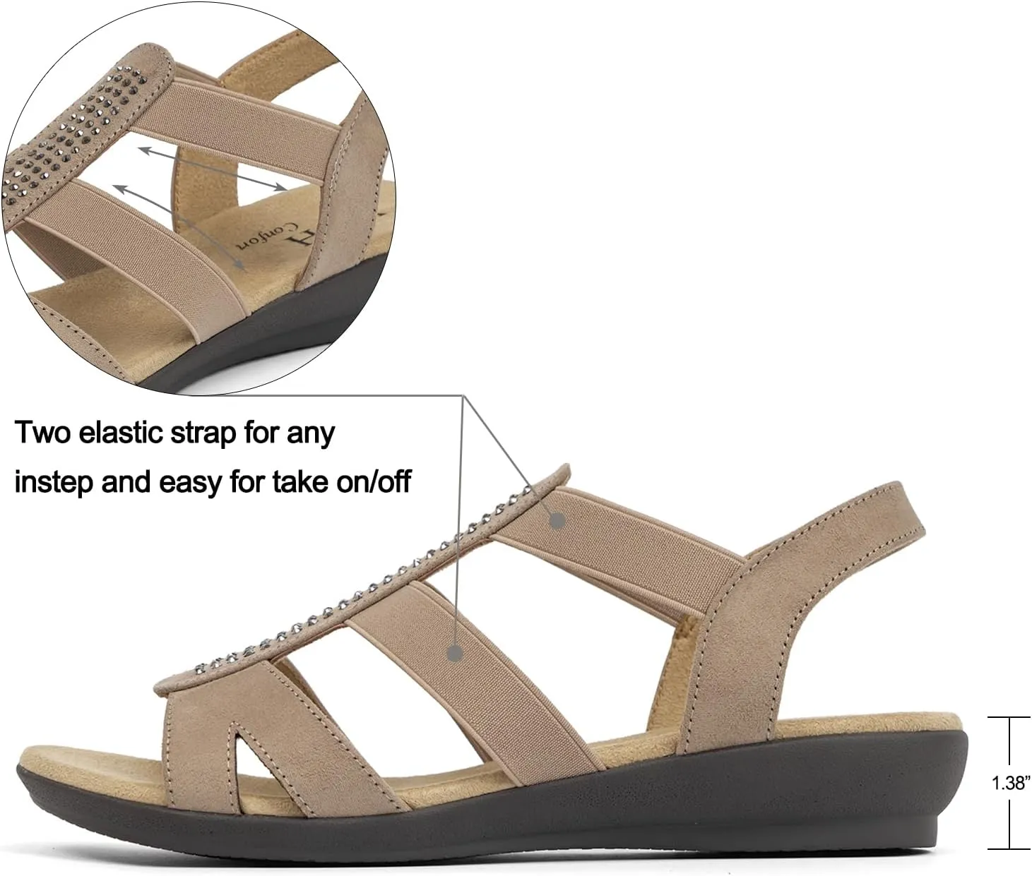 VJH confort Women's Comfort Flat Sandals Summer,with Rhinestone Open Toe Elastic Slip On Slingback Casual Walking Low Heele Sandals