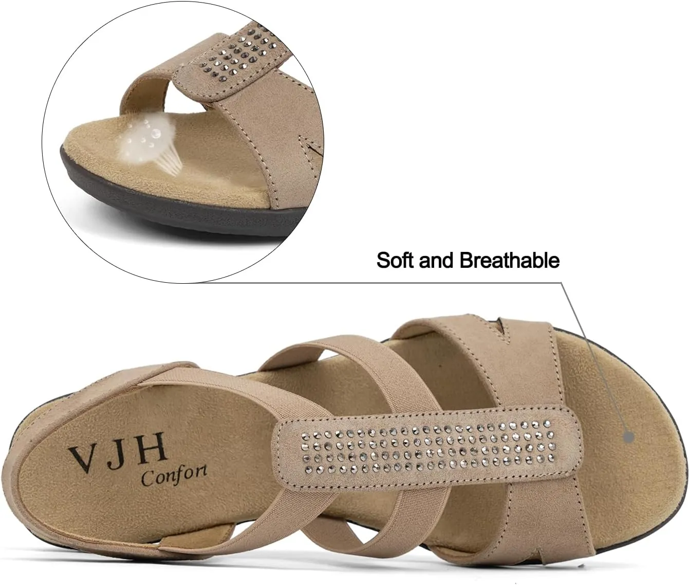VJH confort Women's Comfort Flat Sandals Summer,with Rhinestone Open Toe Elastic Slip On Slingback Casual Walking Low Heele Sandals