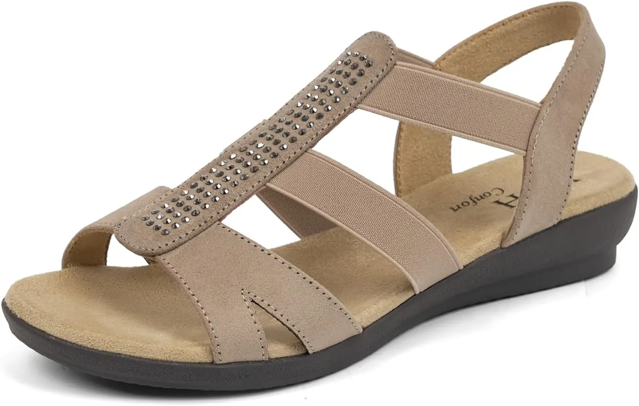 VJH confort Women's Comfort Flat Sandals Summer,with Rhinestone Open Toe Elastic Slip On Slingback Casual Walking Low Heele Sandals