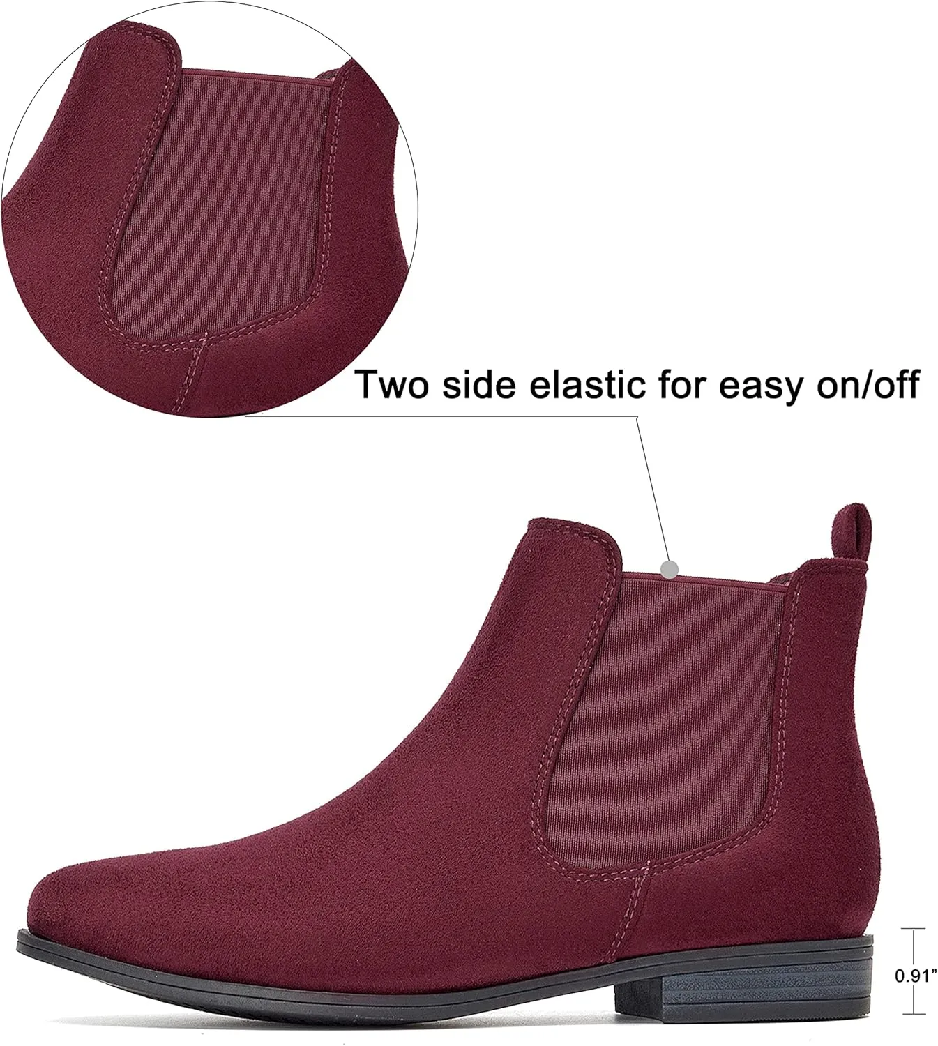 VJH confort Women's Slip on Ankle Boot, Western Almond Round Toe Low Heel Elastic Chelsea Bootie