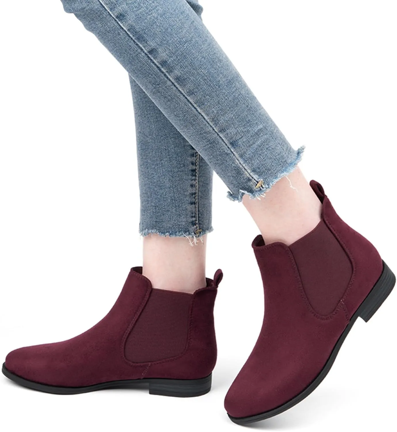 VJH confort Women's Slip on Ankle Boot, Western Almond Round Toe Low Heel Elastic Chelsea Bootie