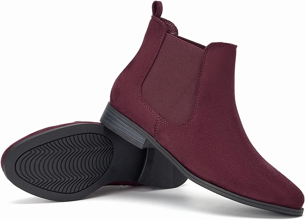 VJH confort Women's Slip on Ankle Boot, Western Almond Round Toe Low Heel Elastic Chelsea Bootie