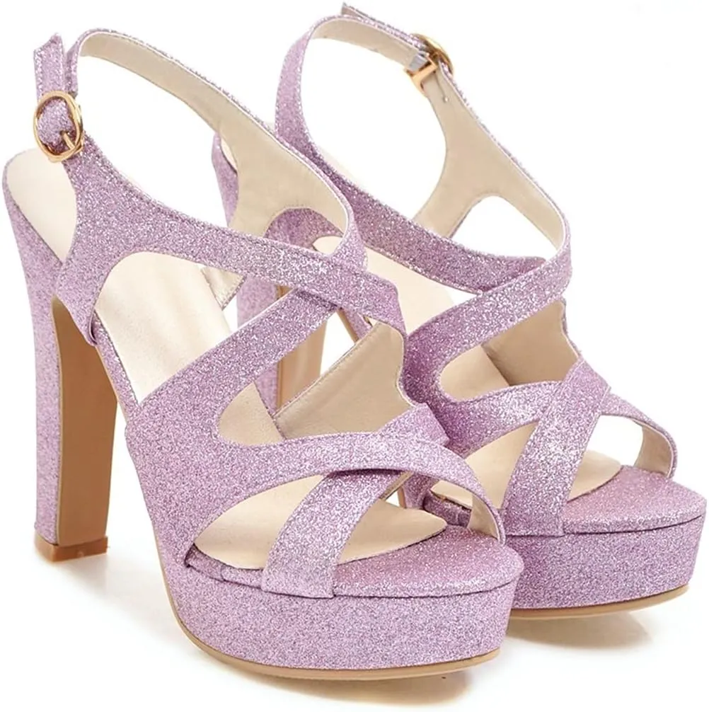 VOKLIN MISTU Women's Peep Toe Platform High Heel Sandals Glitter Cross Strappy Slingback Pump Dress Heeled Sandal
