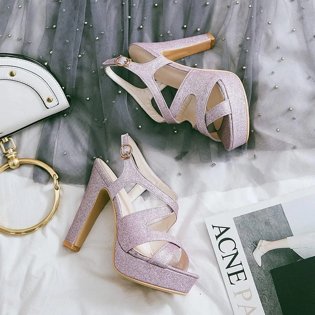 VOKLIN MISTU Women's Peep Toe Platform High Heel Sandals Glitter Cross Strappy Slingback Pump Dress Heeled Sandal