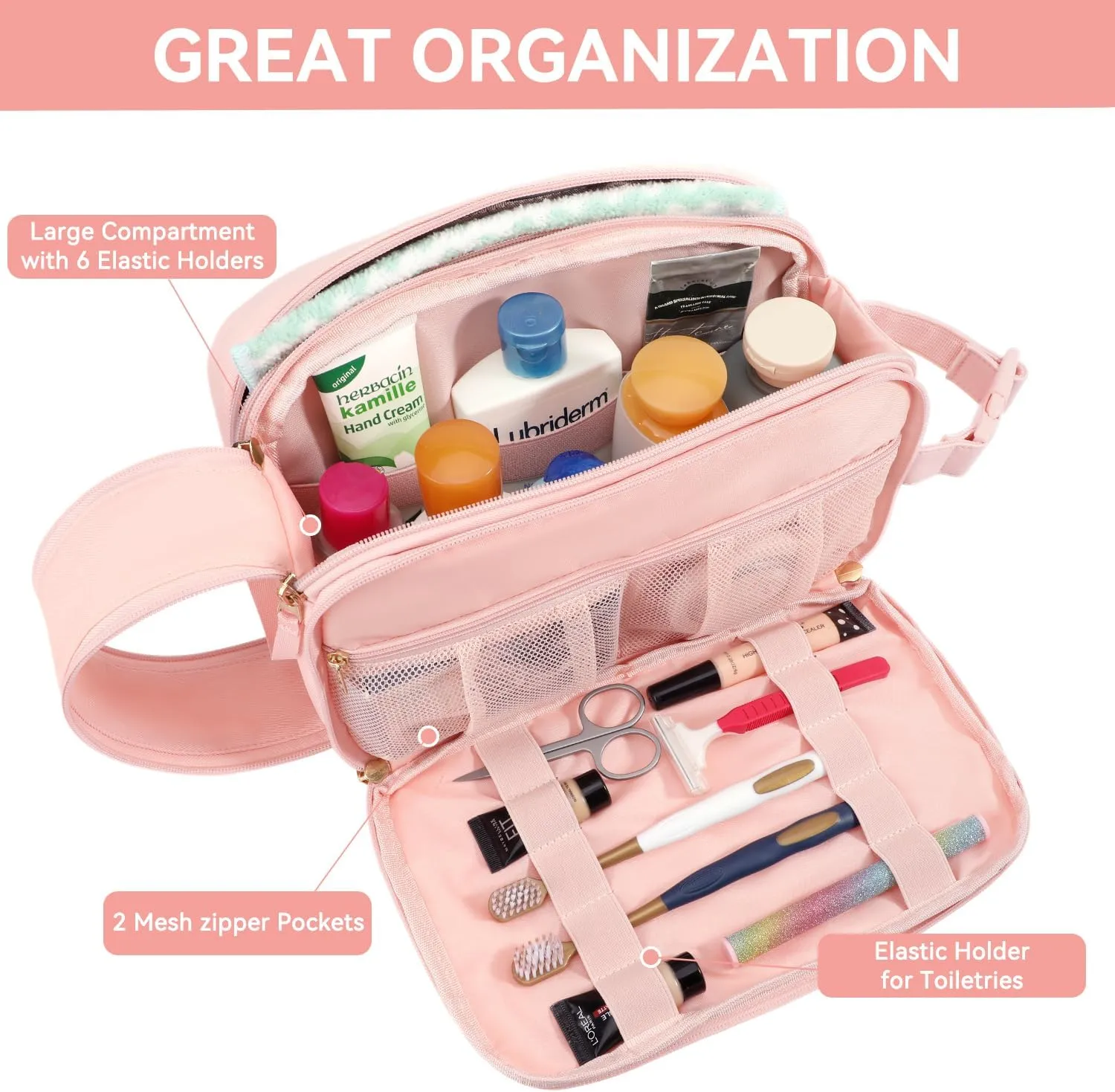 Voova Travel Toiletry Bag for Women, Hanging Dopp Kit Water Resistant Shaving Bag for Toiletries Accessories, Small Makeup Organizer Case for Traveling Essentials, Bathroom, Cosmetics, Pink