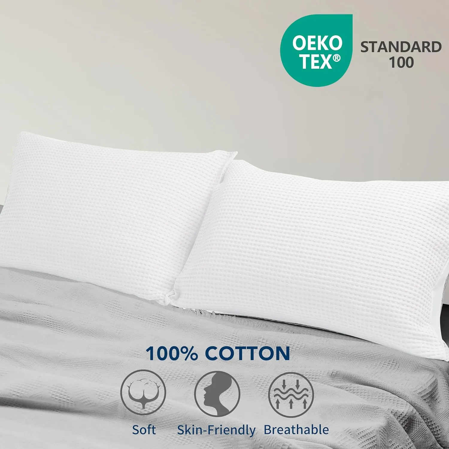 Waffle Weave Pillowcases King Size 2 Pack, 100% Egyptian Cotton 600 Thread Count, Ultra Soft Pillow Shams with Envelope Closure, Breathable Skin-Friendly Pillow Case, White, 20x36 Inches