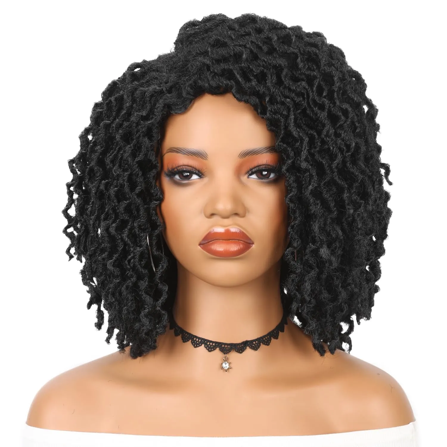 WIGER Short Black Dreadlock Wig for Black Women Curly Bob Faux Locs Hair Wigs Twisted Braided Wigs Glueless African American Hair 1B Afro Kinky Synthetic Dreads Wig