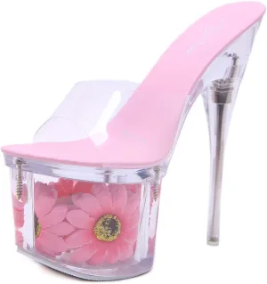 WOilERQ Women's PVC Transparent Platform Heeled Sandals 6.7 '' Stiletto High Heels Peep Toe Sandals Multicolor Flower Soles Slide On Heeled Mule Shoes for Sexy Catwalk Pole Dancing,Pink,5.5