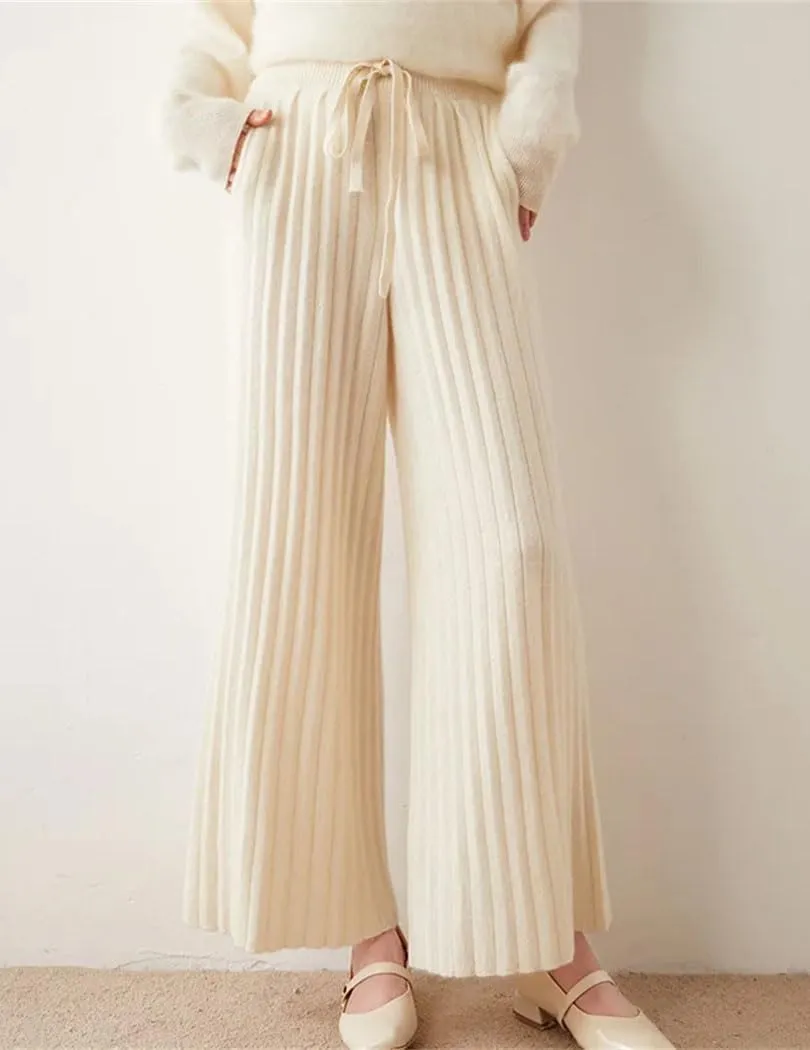 Women 100% Cashmere Pants Knit Striped Lace-Up Wide Leg Trousers Elastic Waist Thicken Warm Soft Sweatpants