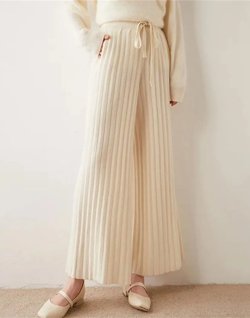 Women 100% Cashmere Pants Knit Striped Lace-Up Wide Leg Trousers Elastic Waist Thicken Warm Soft Sweatpants