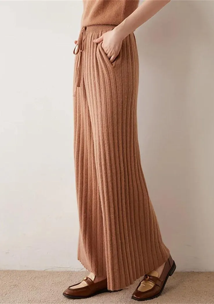 Women 100% Cashmere Pants Knit Striped Lace-Up Wide Leg Trousers Elastic Waist Thicken Warm Soft Sweatpants
