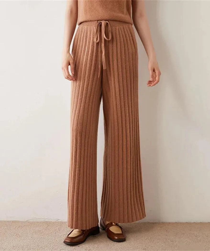 Women 100% Cashmere Pants Knit Striped Lace-Up Wide Leg Trousers Elastic Waist Thicken Warm Soft Sweatpants
