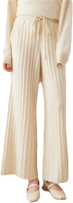 Women 100% Cashmere Pants Knit Striped Lace-Up Wide Leg Trousers Elastic Waist Thicken Warm Soft Sweatpants