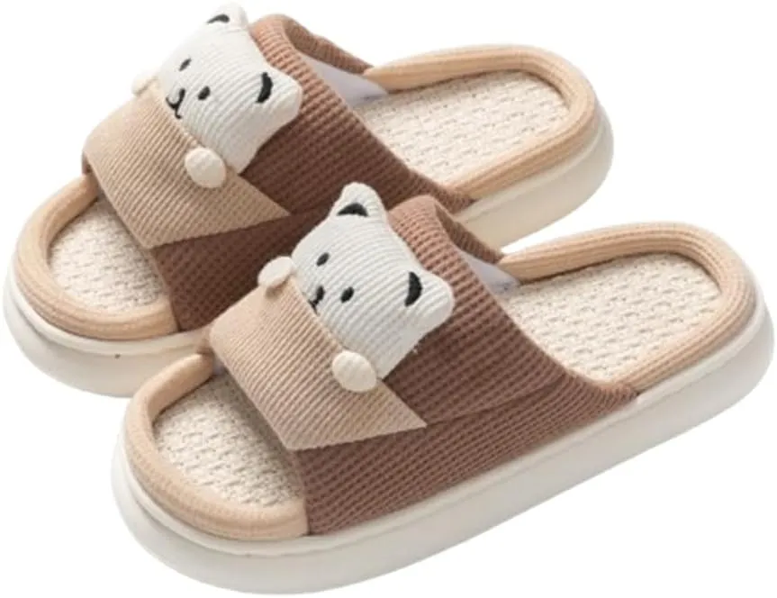 Women Bear Shape Animal Cartoon Cotton Linen Slippers at Home Cute and Comfortable Thick Sole Soft Indoor Outdoor Shoes