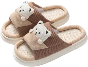 Women Bear Shape Animal Cartoon Cotton Linen Slippers at Home Cute and Comfortable Thick Sole Soft Indoor Outdoor Shoes