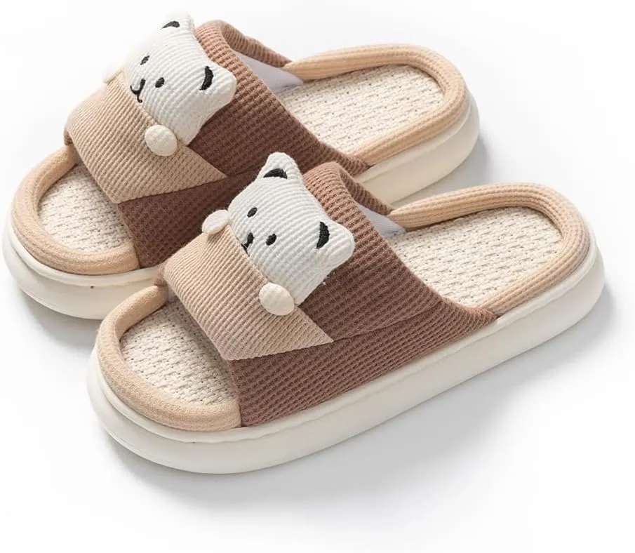 Women Bear Shape Animal Cartoon Cotton Linen Slippers at Home Cute and Comfortable Thick Sole Soft Indoor Outdoor Shoes