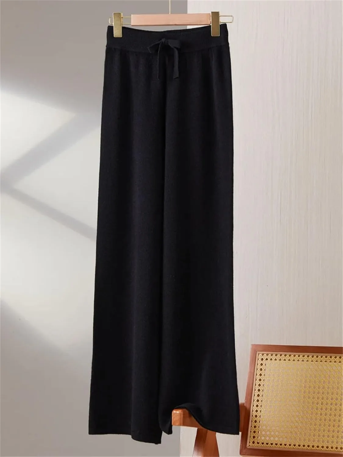 Women Elastic Waist Wide-Leg Wool Pants Vintage Lace Up Soft Drawstring Trousers