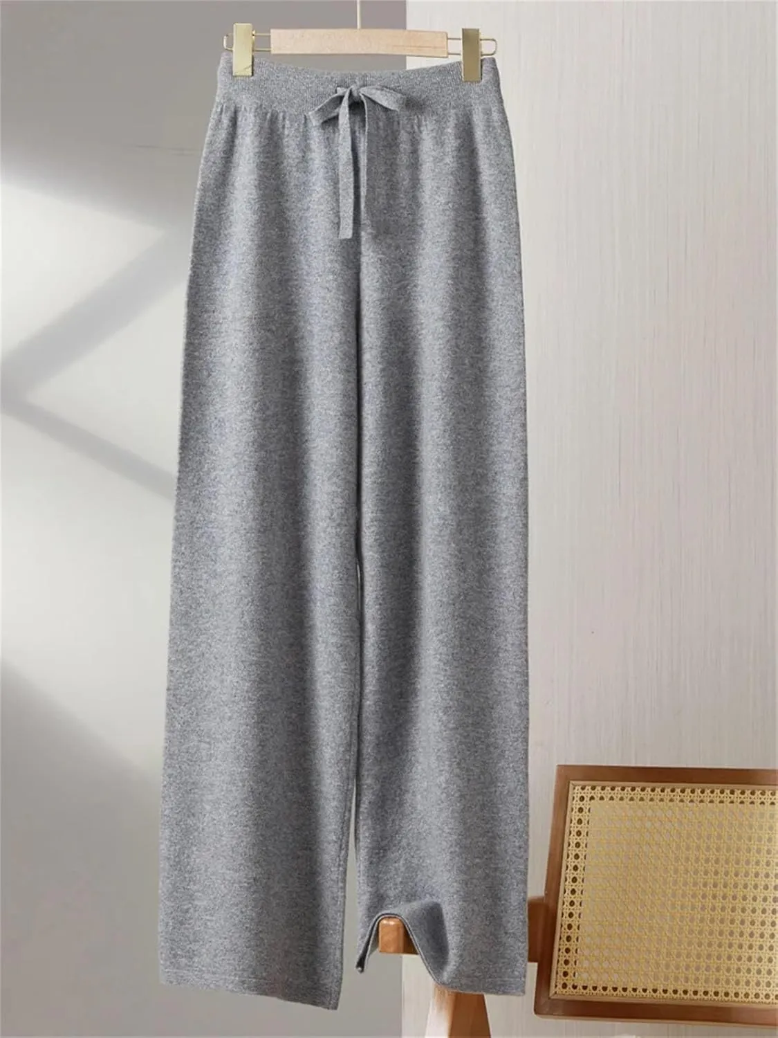 Women Elastic Waist Wide-Leg Wool Pants Vintage Lace Up Soft Drawstring Trousers