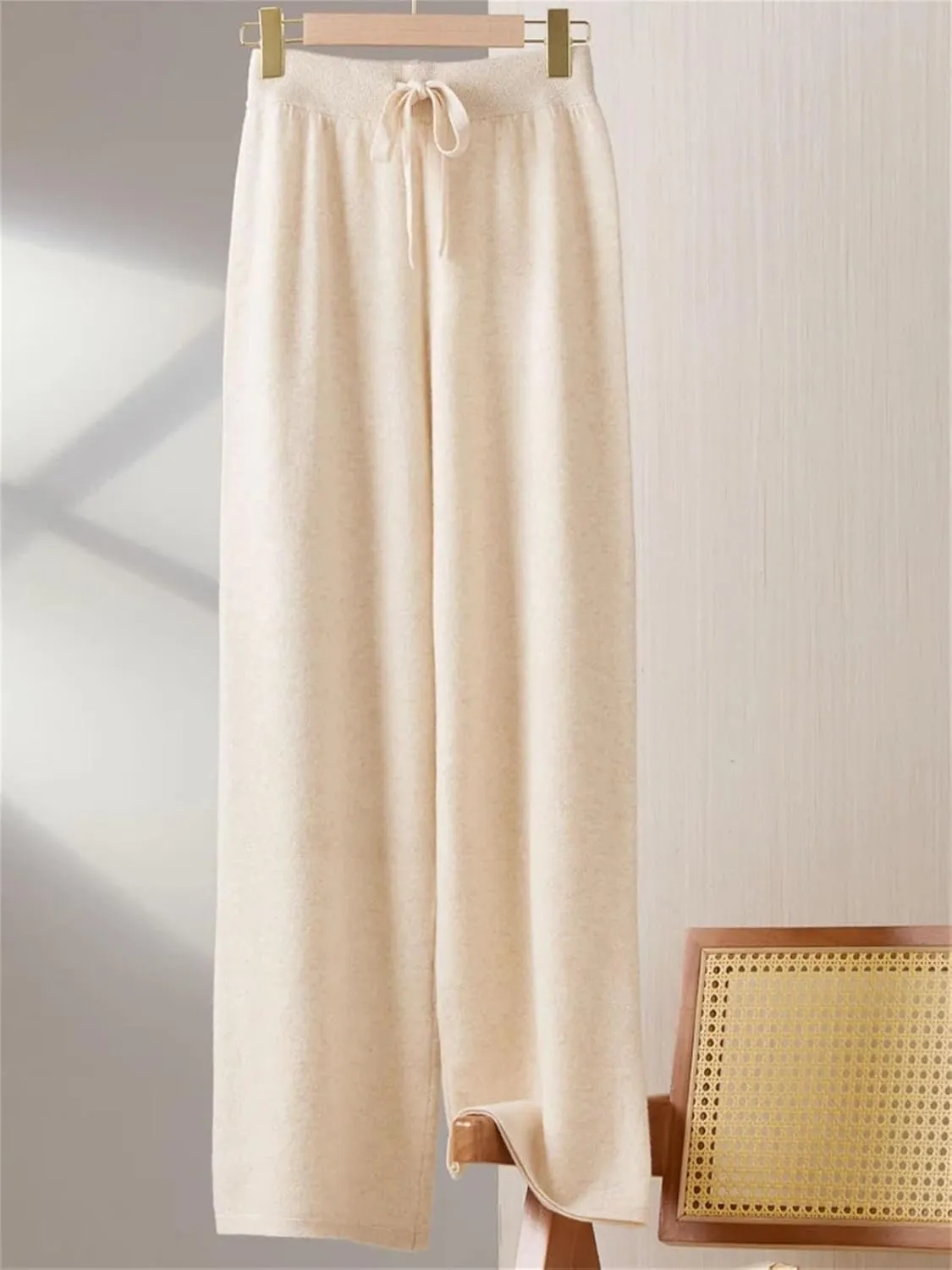Women Elastic Waist Wide-Leg Wool Pants Vintage Lace Up Soft Drawstring Trousers