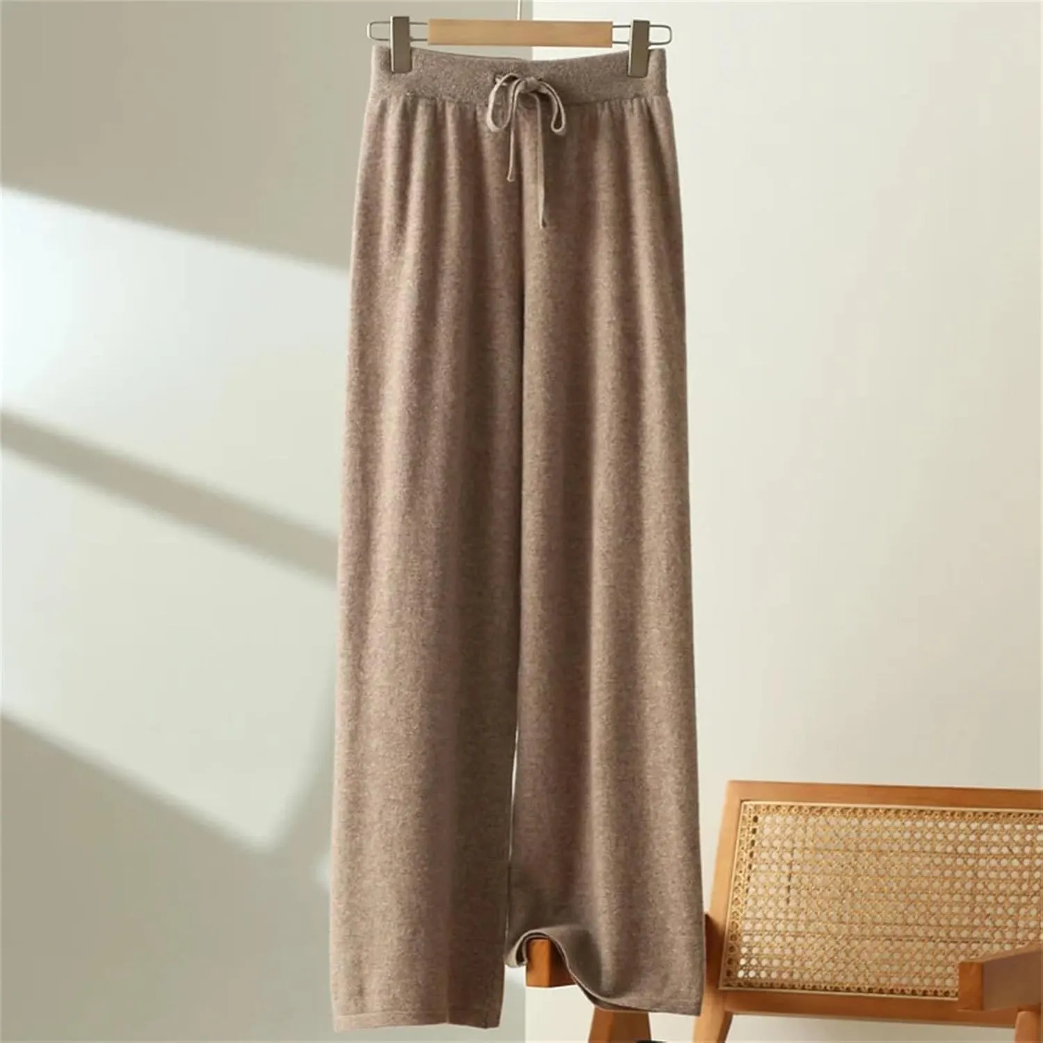 Women Elastic Waist Wide-Leg Wool Pants Vintage Lace Up Soft Drawstring Trousers