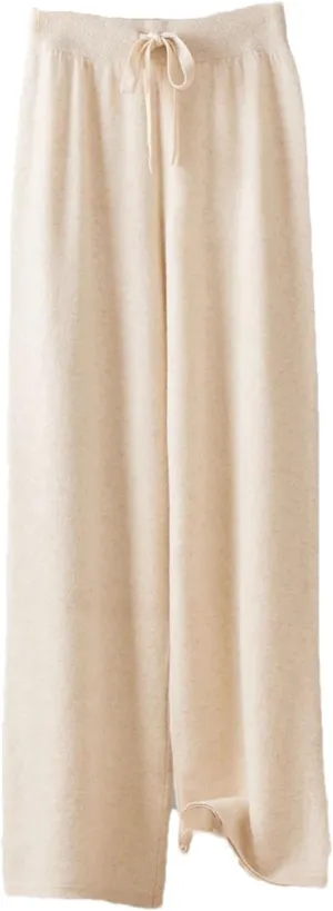Women Elastic Waist Wide-Leg Wool Pants Vintage Lace Up Soft Drawstring Trousers